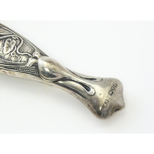 420 - A silver plate vesta case with white metal watch chain. Together with an Art Nouveau silver handle w... 