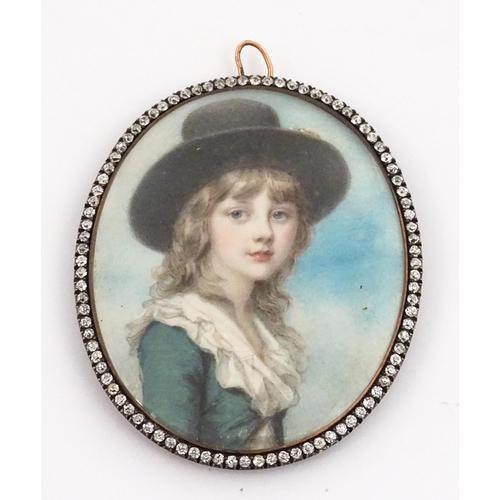 An 18thC Richard Cosway (1742-1821) watercolour and bodycolour portrait miniature depicting Mary Meyers, daughter of the artist Jeremiah Meyer RA. The mount surround set with diamonds. Ascribed and dated 1790 to reverse. With La Cloche Freres case / stand. Miniature approx. 3" high