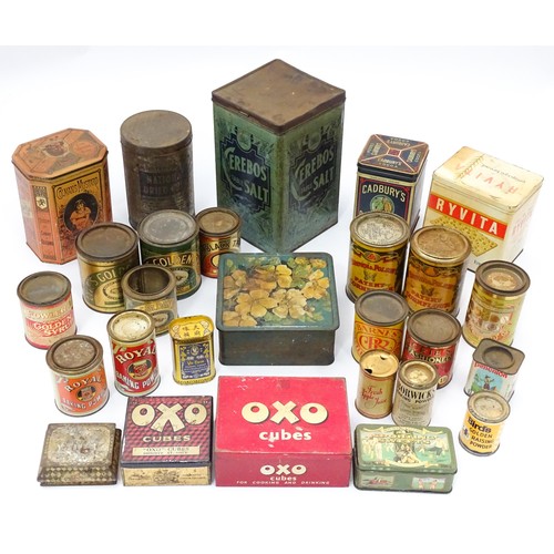 A quantity of assorted vintage advertising tins to include examples for Cerebos Table Salt, Cadbury's Cocoa Essence, Colman's Mustard, Barnes Castlemaine Rock, Brown & Polson Cornflour, Ryvita, Mariano Zanuy Toasted Hazelnuts, Fowler's Golden Syrup, Ministry of Food National Dried Milk, OXO, Royal Baking Powder, Macfie's Finest Black Treacle, etc.