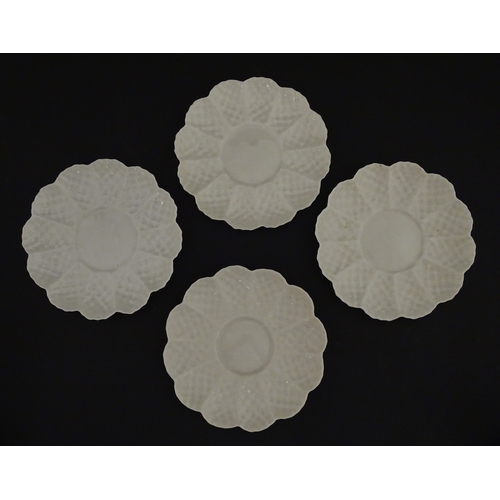 72 - A Belleek tea set in the Cone pattern, comprising teapot, milk jug, sugar bowl and four cups and sau... 