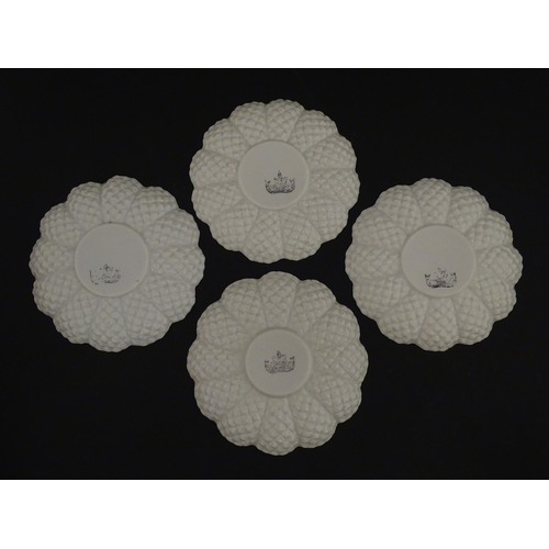 72 - A Belleek tea set in the Cone pattern, comprising teapot, milk jug, sugar bowl and four cups and sau... 