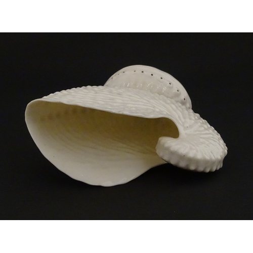 71 - A Belleek Nautilus shell spill vase. Marked with Second Period mark under. Approx. 4