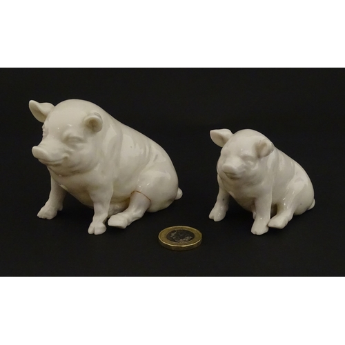 74 - Two Belleek models of seated pigs. Both marked with Second Period mark under. Largest approx. 3