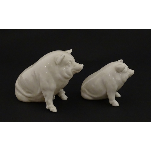 74 - Two Belleek models of seated pigs. Both marked with Second Period mark under. Largest approx. 3