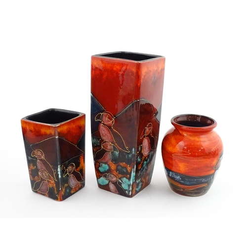 94 - Three Anita Harris studio pottery vases with Puffin decoration. Marked under, two marked Strowgers. ... 