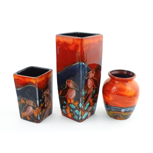 94 - Three Anita Harris studio pottery vases with Puffin decoration. Marked under, two marked Strowgers. ... 