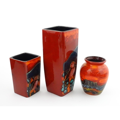 94 - Three Anita Harris studio pottery vases with Puffin decoration. Marked under, two marked Strowgers. ... 