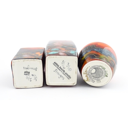 94 - Three Anita Harris studio pottery vases with Puffin decoration. Marked under, two marked Strowgers. ... 