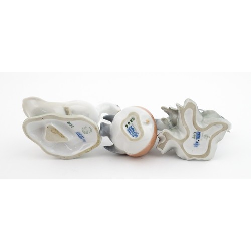 62 - Three Royal Copenhagen models of birds comprising a Duck no. 2122, Robin no. 2266, and Flycatcher no... 