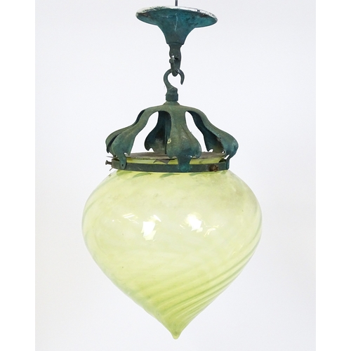 1370 - An Arts & Crafts copper pendant light with vaseline glass shade. In the manner of WAS Benson. Approx... 