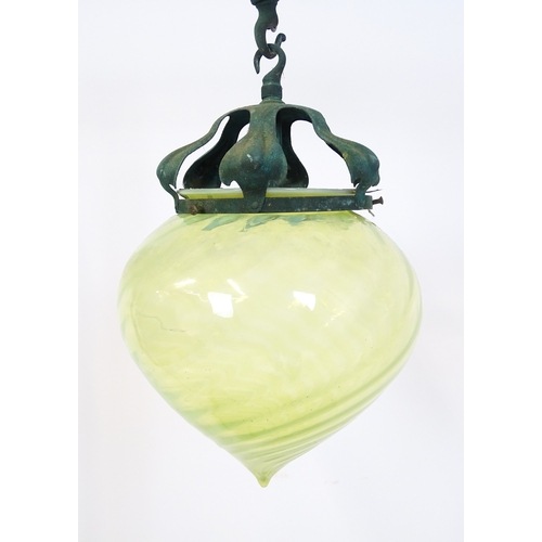 1370 - An Arts & Crafts copper pendant light with vaseline glass shade. In the manner of WAS Benson. Approx... 