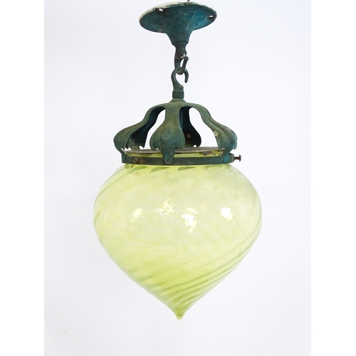 1370 - An Arts & Crafts copper pendant light with vaseline glass shade. In the manner of WAS Benson. Approx... 