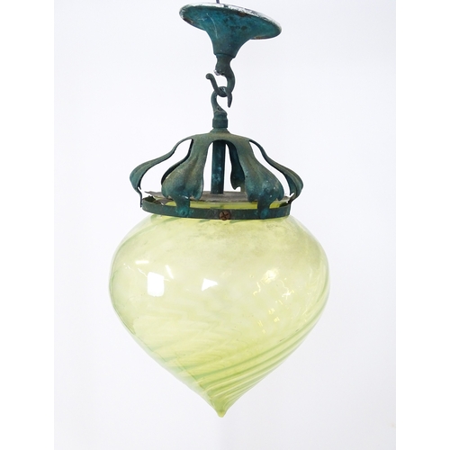 1370 - An Arts & Crafts copper pendant light with vaseline glass shade. In the manner of WAS Benson. Approx... 