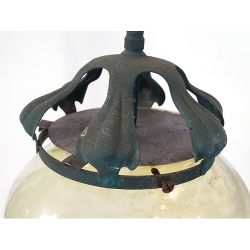 1370 - An Arts & Crafts copper pendant light with vaseline glass shade. In the manner of WAS Benson. Approx... 