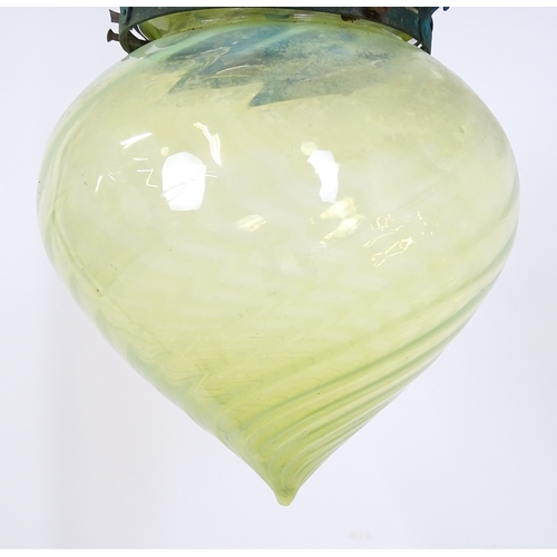1370 - An Arts & Crafts copper pendant light with vaseline glass shade. In the manner of WAS Benson. Approx... 