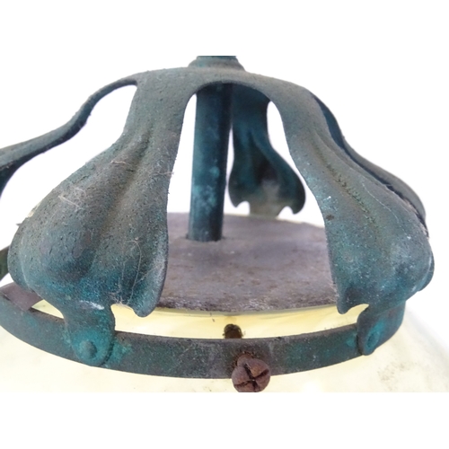 1370 - An Arts & Crafts copper pendant light with vaseline glass shade. In the manner of WAS Benson. Approx... 