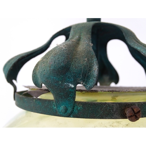 1370 - An Arts & Crafts copper pendant light with vaseline glass shade. In the manner of WAS Benson. Approx... 