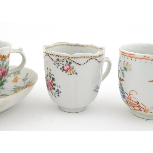 64 - Six assorted Chinese export famille rose tea / coffee cups decorated with flowers, swags, birds and ... 