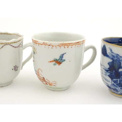 64 - Six assorted Chinese export famille rose tea / coffee cups decorated with flowers, swags, birds and ... 