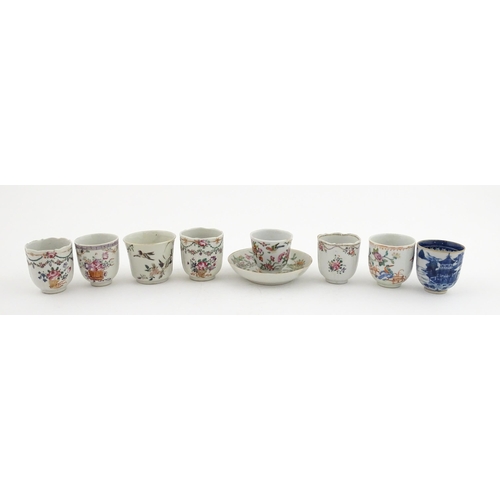 64 - Six assorted Chinese export famille rose tea / coffee cups decorated with flowers, swags, birds and ... 