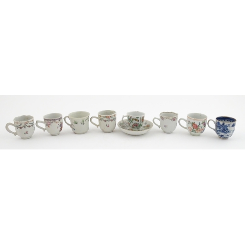 64 - Six assorted Chinese export famille rose tea / coffee cups decorated with flowers, swags, birds and ... 