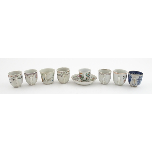 64 - Six assorted Chinese export famille rose tea / coffee cups decorated with flowers, swags, birds and ... 