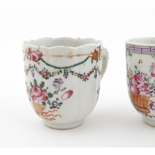 64 - Six assorted Chinese export famille rose tea / coffee cups decorated with flowers, swags, birds and ... 