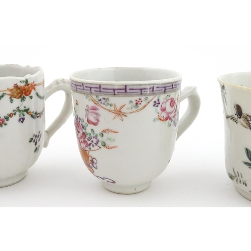 64 - Six assorted Chinese export famille rose tea / coffee cups decorated with flowers, swags, birds and ... 