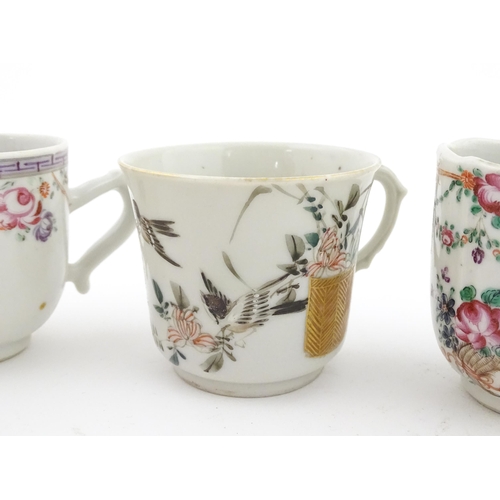 64 - Six assorted Chinese export famille rose tea / coffee cups decorated with flowers, swags, birds and ... 