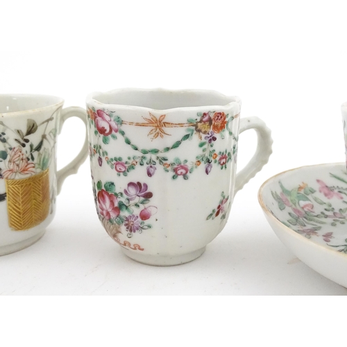 64 - Six assorted Chinese export famille rose tea / coffee cups decorated with flowers, swags, birds and ... 