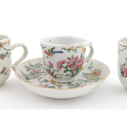 64 - Six assorted Chinese export famille rose tea / coffee cups decorated with flowers, swags, birds and ... 