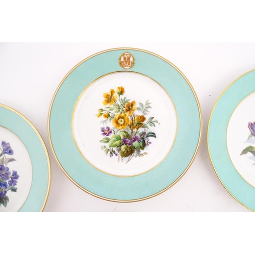 77 - Six hand painted desert plates, each decorated with flowers and foliage, with turquoise and gilt bor... 