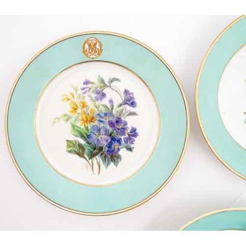 77 - Six hand painted desert plates, each decorated with flowers and foliage, with turquoise and gilt bor... 