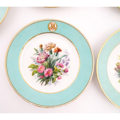 77 - Six hand painted desert plates, each decorated with flowers and foliage, with turquoise and gilt bor... 