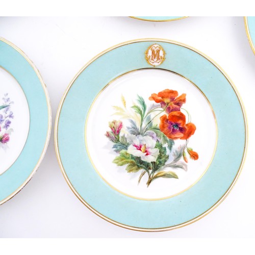 77 - Six hand painted desert plates, each decorated with flowers and foliage, with turquoise and gilt bor... 