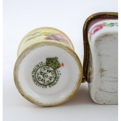 115 - Two miniature Royal Worcester items comprising a mug with floral and foliate decoration, and a tyg w... 