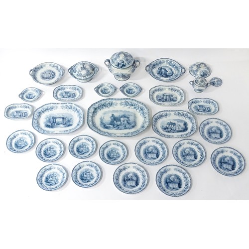 186 - A quantity of Copeland late Spode blue and white dinner wares decorated with ruins to include plates... 