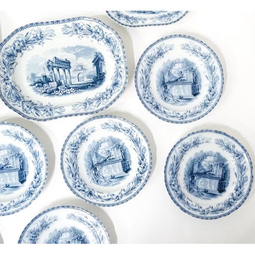 186 - A quantity of Copeland late Spode blue and white dinner wares decorated with ruins to include plates... 