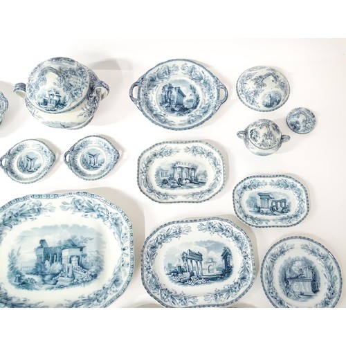 186 - A quantity of Copeland late Spode blue and white dinner wares decorated with ruins to include plates... 