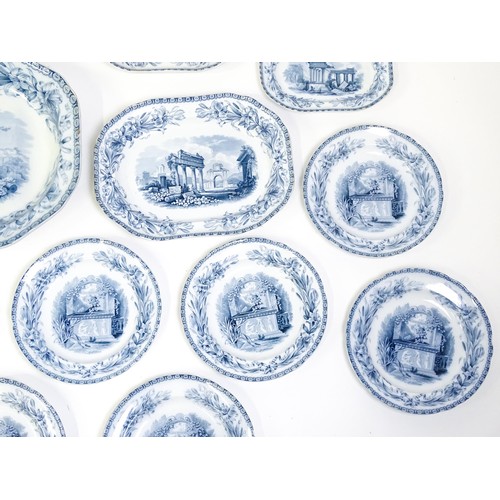 186 - A quantity of Copeland late Spode blue and white dinner wares decorated with ruins to include plates... 