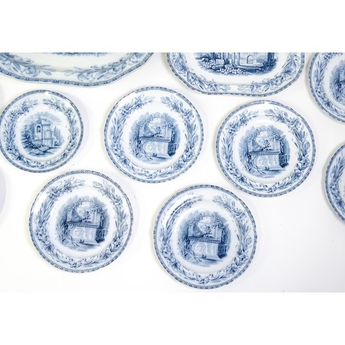 186 - A quantity of Copeland late Spode blue and white dinner wares decorated with ruins to include plates... 