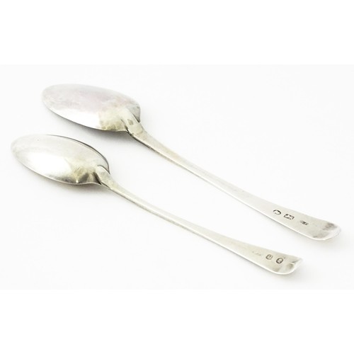 390 - Two George III silver teaspoons with bright cut decoration, one hallmarked London 1803. Largest appr... 