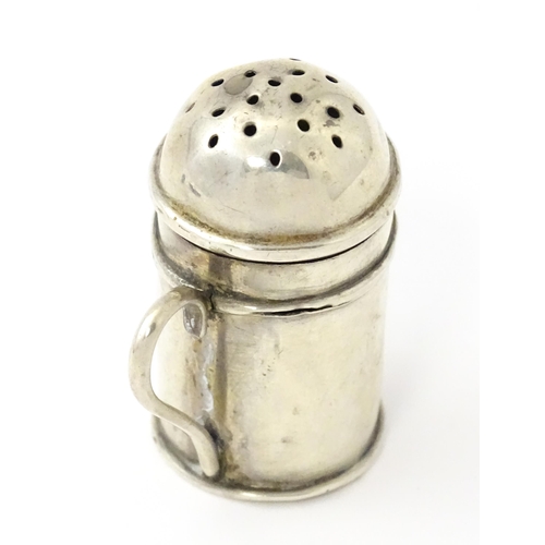 352 - Two silver pepperettes / pepper pots formed as flour shakers. hallmarked Birmingham 1900 maker T H H... 