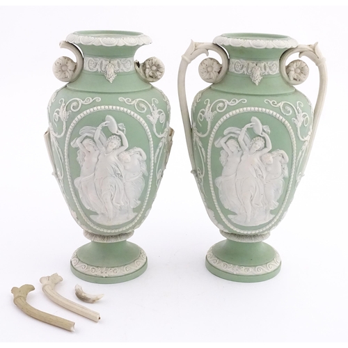 110 - A pair of parian vases in the manner of Wedgwood Jasperware depicting the Three Graces to one side, ... 