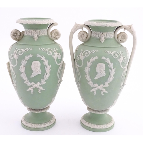 110 - A pair of parian vases in the manner of Wedgwood Jasperware depicting the Three Graces to one side, ... 