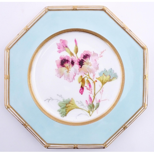 112 - Two Wedgwood plates of octagonal form with hand painted flower decoration. Marked under. Approx. 8 3... 