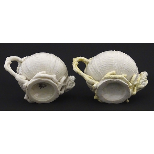 84 - Belleek tea wares in the Echinus pattern to include teapots, sugar bowls, milk jug, cup and saucer. ... 