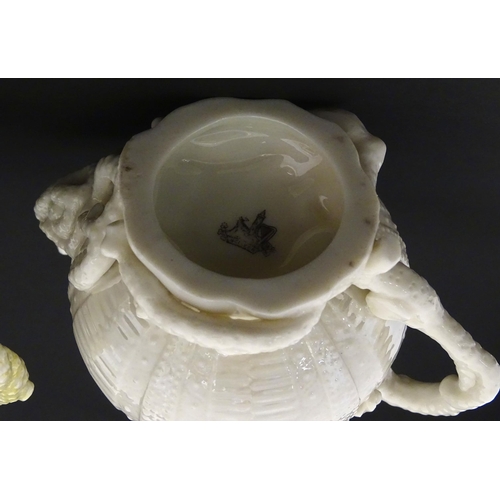 84 - Belleek tea wares in the Echinus pattern to include teapots, sugar bowls, milk jug, cup and saucer. ... 