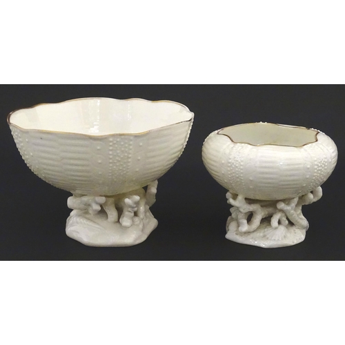 84 - Belleek tea wares in the Echinus pattern to include teapots, sugar bowls, milk jug, cup and saucer. ... 