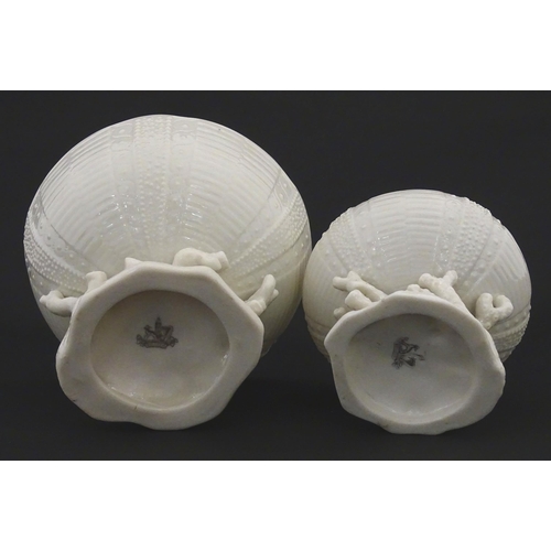 84 - Belleek tea wares in the Echinus pattern to include teapots, sugar bowls, milk jug, cup and saucer. ... 